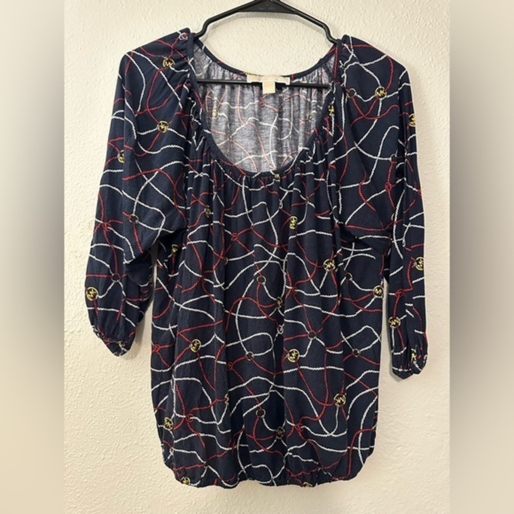 Michael Kors Navy Blue Logo Twisted Rope Chain Print Blouse Top Shirt Women’s XL